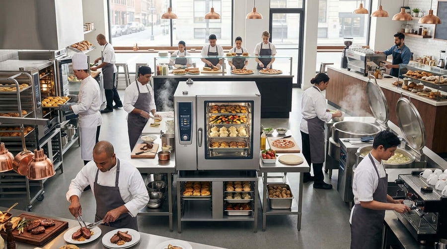 5 Ways an Electric Combi Oven Can Revolutionize Your Restaurants Menu in busy commercial kitchen with chefs preparing dishes around oven