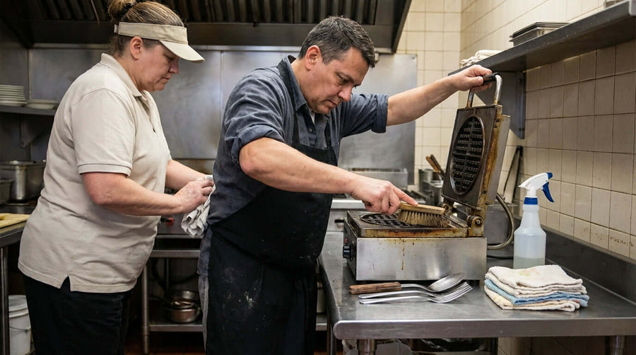 how to clean and maintain a waffle iron: kitchen staff scrubbing a commercial waffle maker on a stainless steel counter