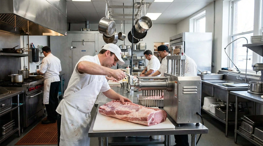 Alt Tag: 5 Ways a Brine Injector Pump Can Maximize Your Butcherys Profits brine injector pump injecting pork loin in commercial butchery kitchen