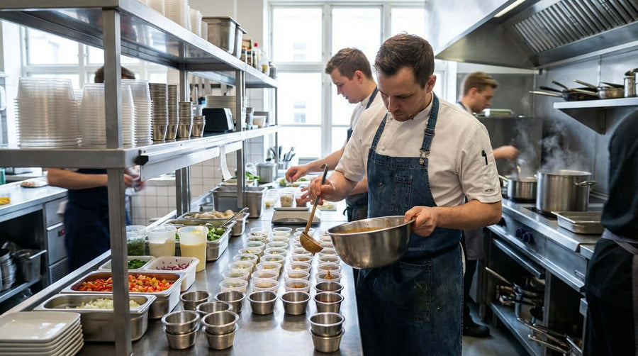 The Bottom Line: How Portion Cups Control Costs & Reduce Food Waste - chef prepping portion cups in commercial kitchen to reduce food waste
