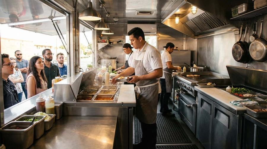 How NSF-Certified Steam Tables Elevate Your Food Trucks Professionalism in a busy food truck kitchen with chef serving customers
