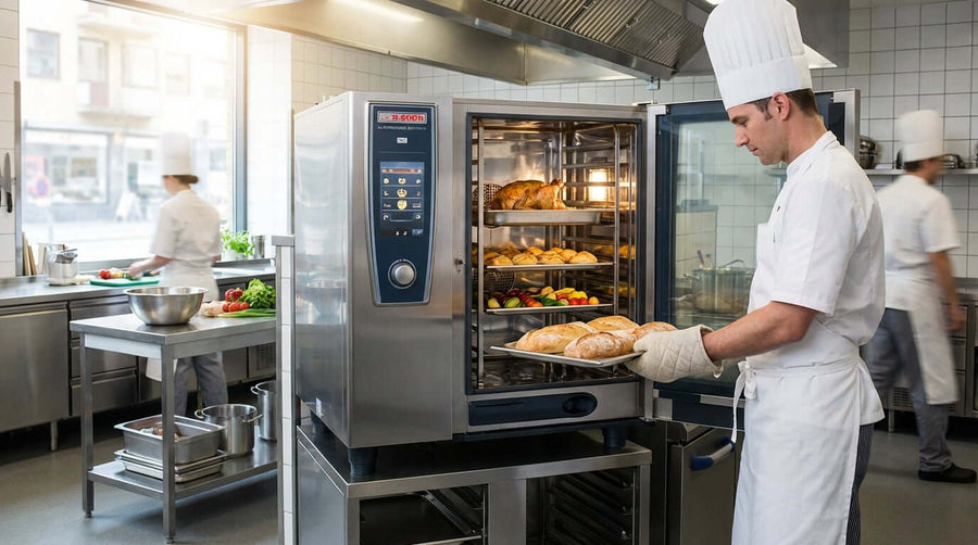 Chef using electric combi oven in commercial kitchen to maximize ROI with an electric combi oven, baking bread and roasting poultry