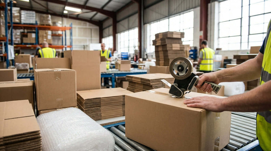 5 Ways a Heavy-Duty Tape Gun Boosts E-commerce Shipping Efficiency warehouse worker sealing cardboard boxes on packing line
