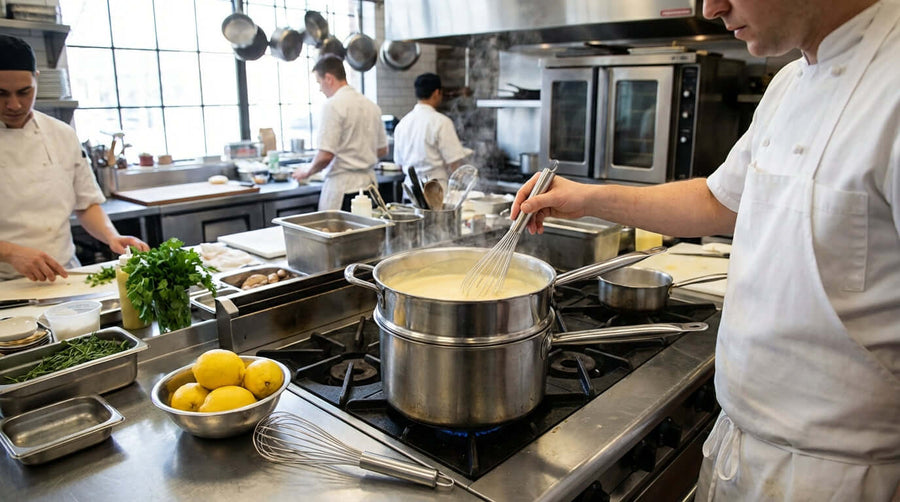 Beyond Chocolate: Unlocking the Versatility of Your Double Boiler – chef whisking sauce in a double boiler pot on a professional kitchen stove