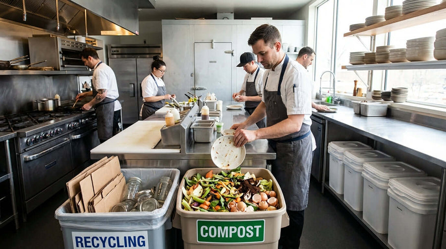 A Greener Clean: How Efficient Waste Containment Supports Sustainability Goals - restaurant kitchen staff sorting compost and recycling bins