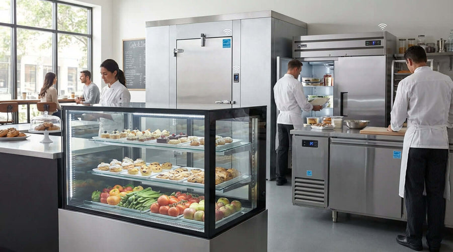 Alt Tag: Cool Savings: How to Maximize Energy Efficiency in Your Commercial Refrigeration in a commercial kitchen with display case and refrigerators