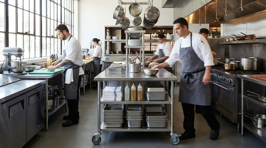 Streamline Your Workflow: Best Practices for Using Carts in a Busy Kitchen - chefs using stainless steel rolling cart in busy commercial kitchen