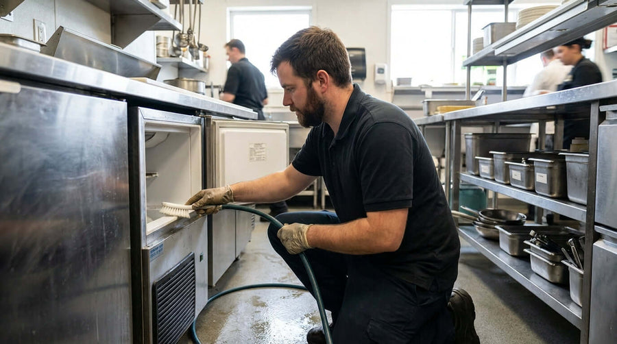 Technician cleaning an undercounter unit in a restaurant kitchen, demonstrating commercial ice machine maintenance