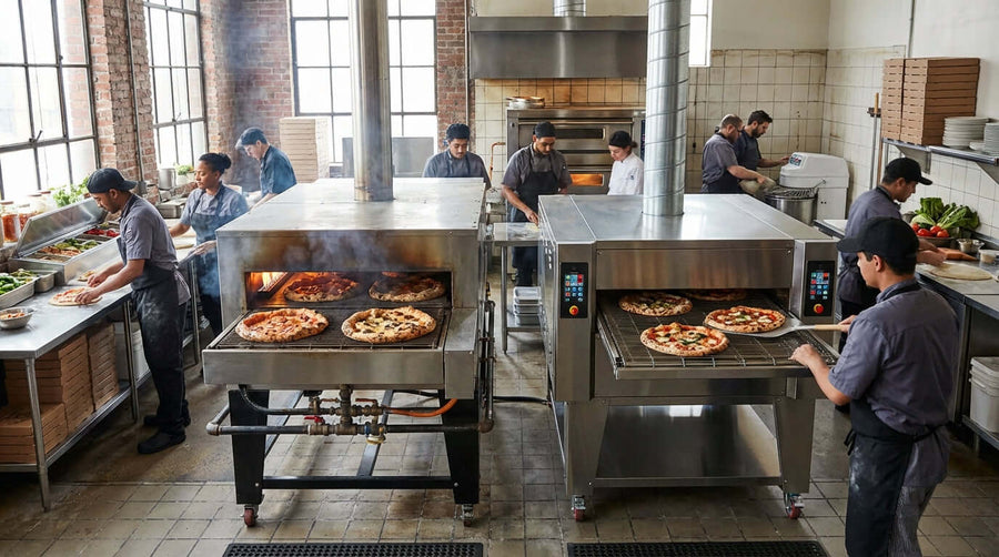 Gas vs. Electric Conveyor Ovens: Which is Right for Your Pizzeria? busy pizzeria kitchen with staff operating conveyor ovens baking pizzas