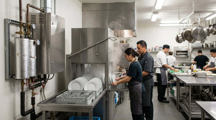 booster heaters for commercial kitchens powering high-temperature dishwashing line for faster sanitization in busy restaurant kitchen