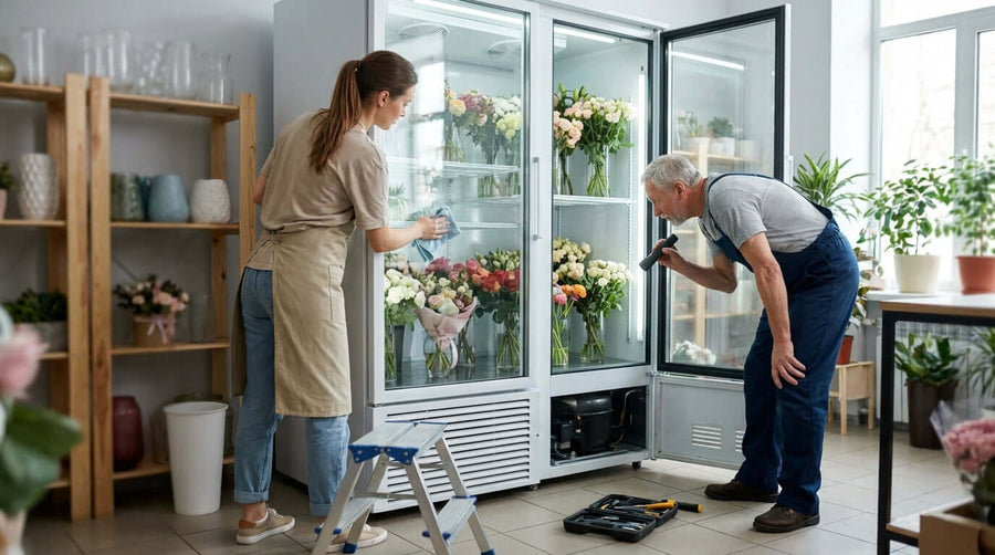 Alt Tag: Florist and technician servicing a flower fridge, applying commercial flower cooler maintenance tips to keep blooms fresh