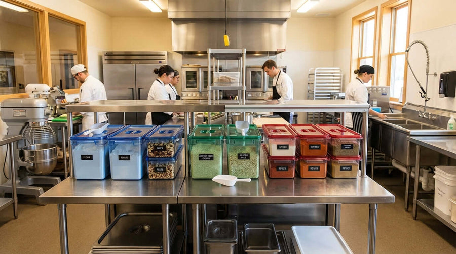 Commercial kitchen prep station with labeled ingredient bins for allergen control and cross-contamination prevention