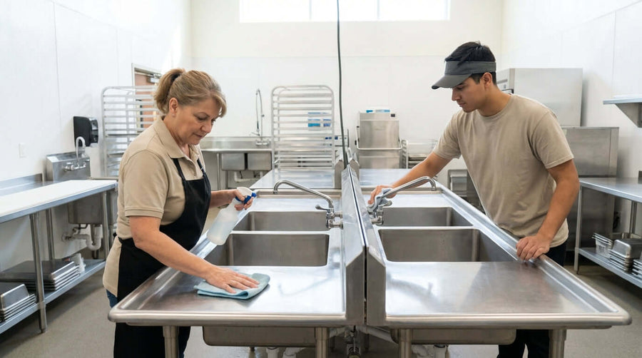 commercial stainless steel sink maintenance tips: staff cleaning and sanitizing stainless steel sinks in a commercial kitchen
