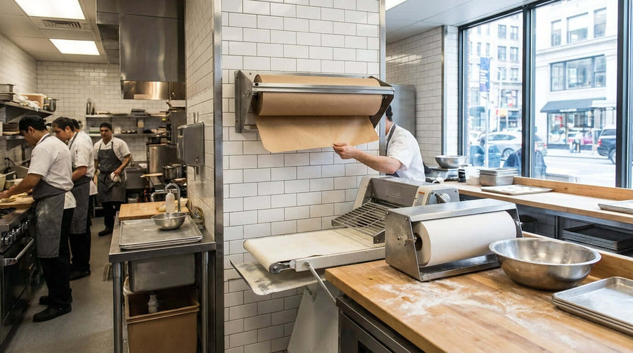 Alt Tag: Wall-Mount vs. Countertop: Which Paper Dispenser Cutter is Best for Your Space? wall-mounted paper cutter in busy restaurant kitchen