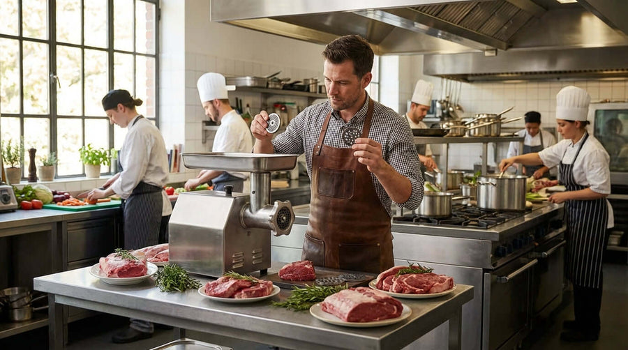 Alt Tag: A Butchers Guide: Choosing the Right Meat Grinder Plate Size - butcher selecting grinder plate size in commercial kitchen meat prep station