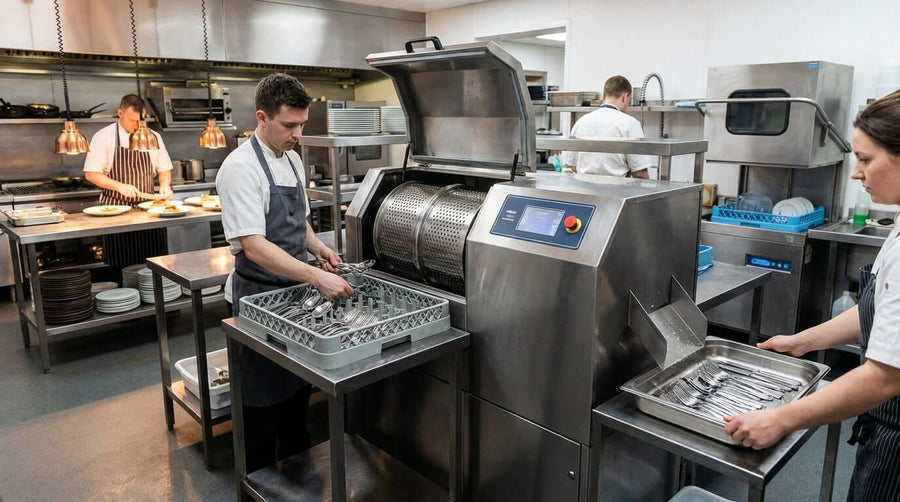 5 Common Mistakes to Avoid with Your Cutlery Polishing Machine in restaurant kitchen as staff load cutlery into industrial polishing machine