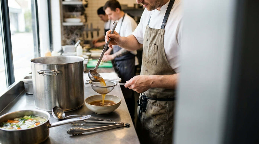 The Art of the Perfect Broth: Mastering a Rich, Clear Stock chef ladling clear stock into bowl in professional kitchen