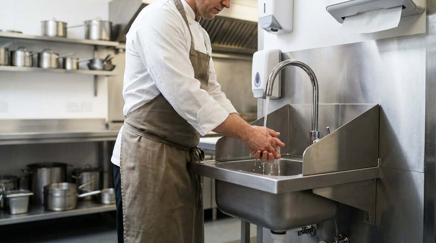 Alt Tag: Chef washing hands at stainless steel gooseneck faucet sink with splash guards, showcasing commercial hand sink features