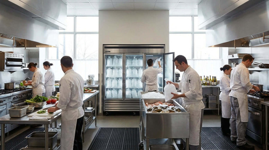 Beyond Convenience Stores: Unexpected Businesses That Profit from Ice Merchandisers in restaurant kitchen with chefs using commercial ice freezer