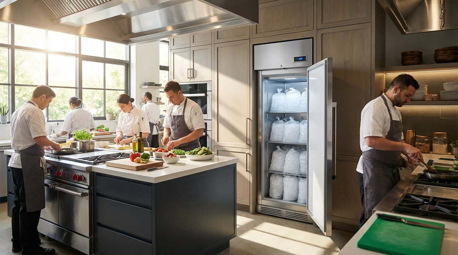 Alt Tag: 5 Key Features to Look for in an Energy-Efficient Ice Merchandiser in commercial kitchen with staff prepping food beside ice merchandiser