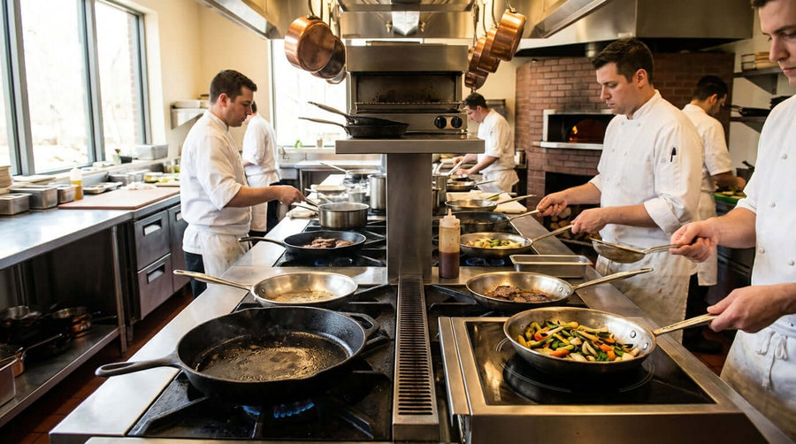 Alt Tag: Busy restaurant kitchen chefs cooking with commercial fry pans for restaurants on gas stoves during service