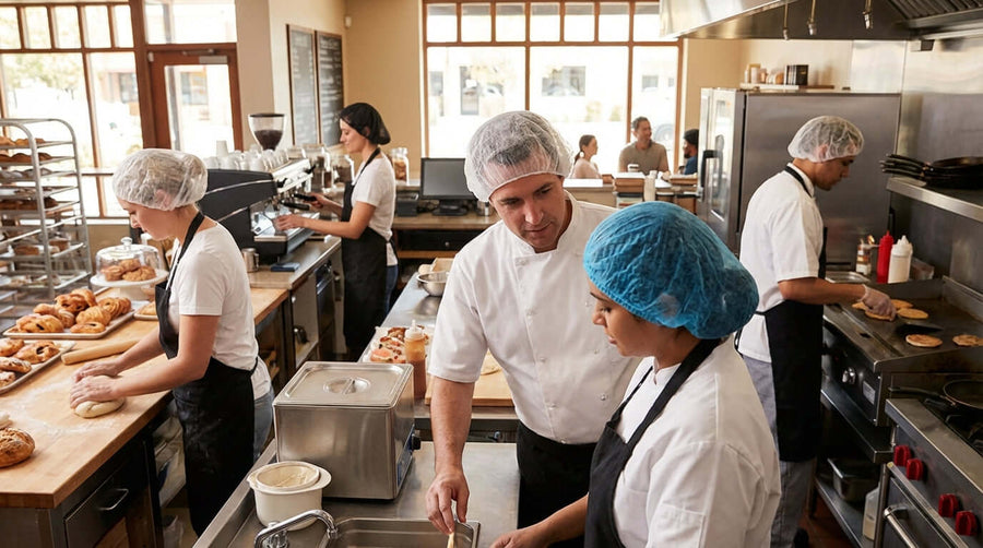 Decoding the Material: A Simple Guide to Nylon vs. Polypropylene Hairnets in busy commercial kitchen with staff wearing hairnets