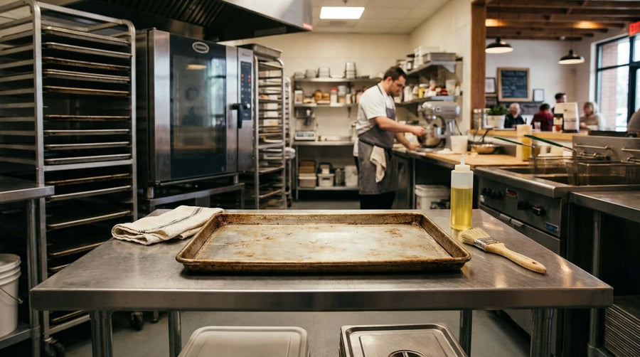 The Ultimate Guide to Seasoning and Maintaining Your Professional Baking Pans in a commercial kitchen with sheet pan and chef prepping