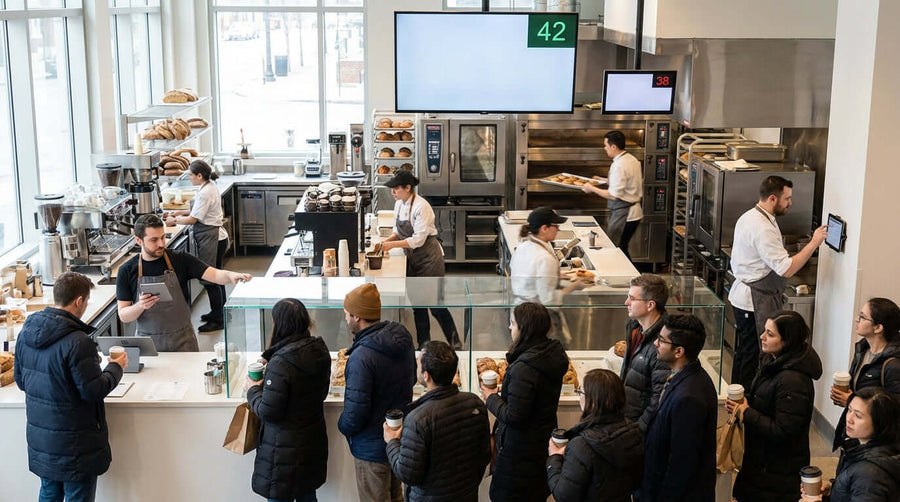 Alt Tag: The Hidden Cost of Long Lines: How Queue Management Systems Save Your Sales in busy coffee shop queue with digital number display