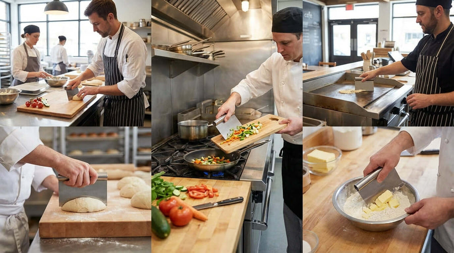 More Than Just a Scraper: 7 Unexpected Uses for Your Bench Scraper collage of chefs using a bench scraper to chop, transfer, and portion dough