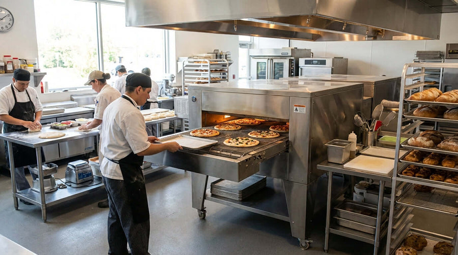 5 Tips to Maximize the Efficiency of Your Commercial Conveyor Oven in a busy commercial kitchen with chefs loading pizzas into conveyor oven