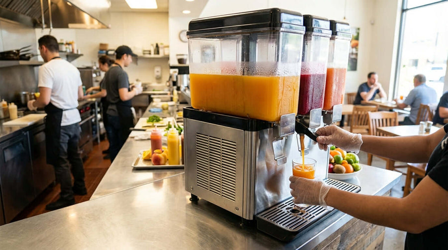 Alt Tag: 5 Tips to Maximize Drink Sales with Your Juice Dispenser – customer filling cup from multi-tank juice dispenser in busy restaurant