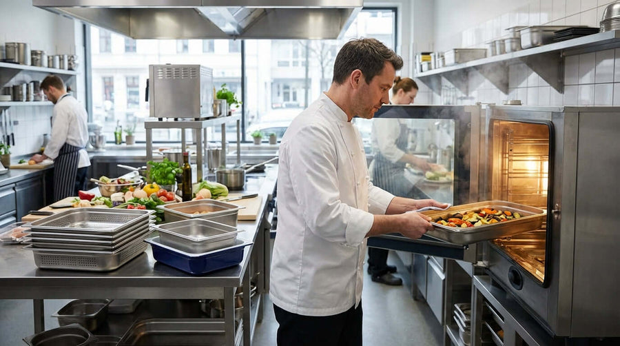 Choosing the Right Pans for Your Combi Oven: A Chefs Guide to GN Pans - chef loading GN pan tray into combi oven in professional kitchen