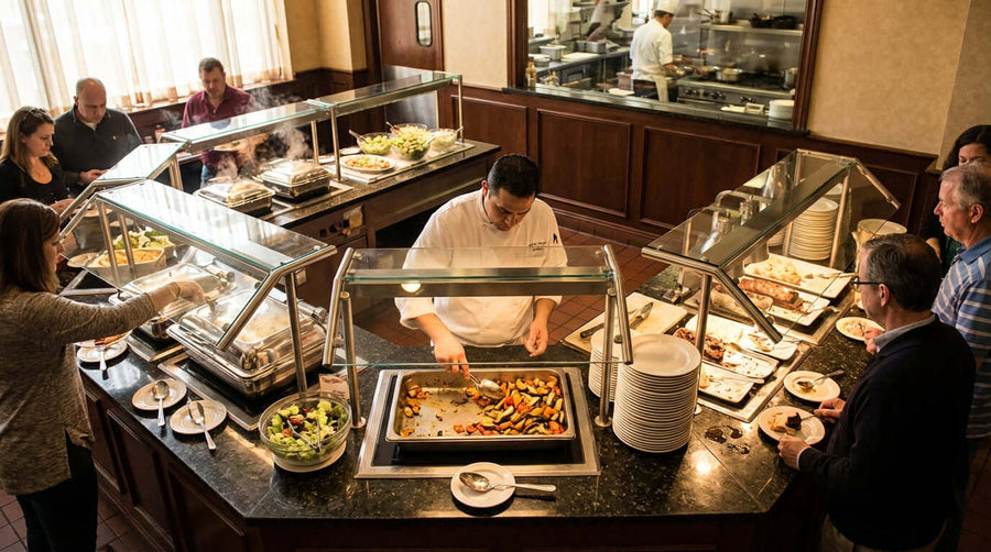 5 Common Mistakes to Avoid When Setting Up Your Buffet Line - chef serving hot dishes at busy restaurant buffet line with guests