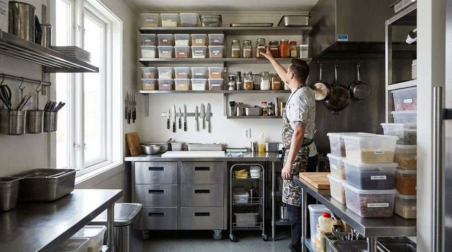 Small Kitchen, Big Impact: Maximizing Space with Smart Ingredient Storage Solutions with chef organizing labeled containers on shelves