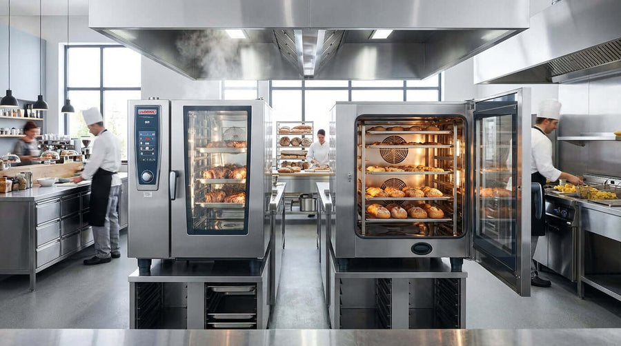 combi oven vs convection oven for commercial kitchen comparison in a busy restaurant kitchen with professional ovens and baked goods