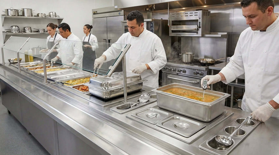 Food Safety First: How Steam Table Accessories Help You Meet Health Codes steam table line with chefs using food pans, lids and thermometers