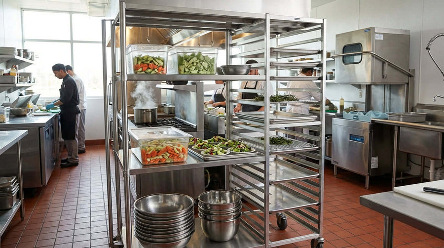 More Than Just Baking: 7 Creative Uses for Bun & Pan Racks in commercial kitchen holding trays of prepped vegetables and steam pans
