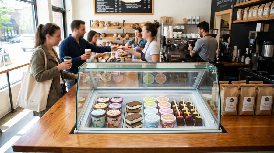 5 Ways a Countertop Display Freezer Can Boost Impulse Buys in a busy cafe with customers ordering near a glass-top dessert freezer