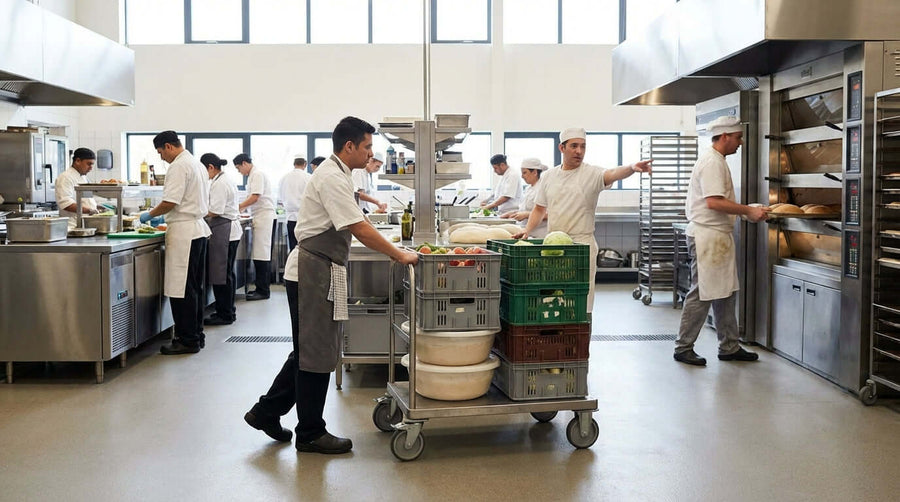 5 conseils de sécurité essentiels pour utiliser les chariots à plateforme au travail : le personnel de cuisine commerciale déplaçant en toute sécurité un chariot à plateforme chargé