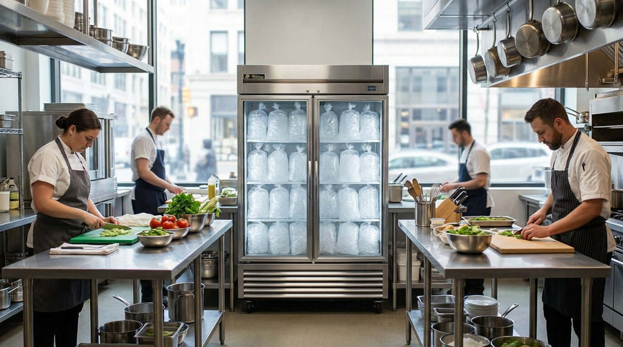 indoor ice merchandiser buying guide featuring a commercial kitchen with chefs prepping food beside a glass-door ice merchandiser