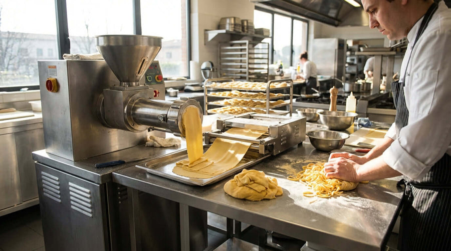Alt Tag: pasta dough recipe for ravioli machine being prepared by chef beside commercial pasta machine in professional kitchen