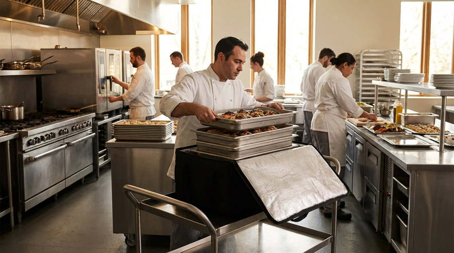 Catering Made Easy: Selecting the Best Large-Capacity Insulated Bags for Events with chefs packing hot trays in a commercial kitchen