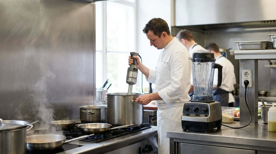 Countertop vs. Immersion Blender: Which is Right for Your Commercial Kitchen? chef using immersion blender beside countertop blender in commercial kitchen