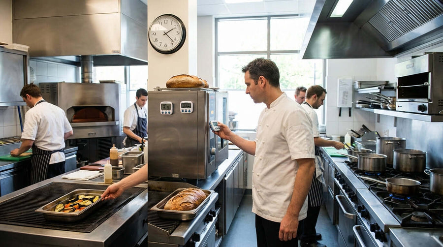 From Burnt to Perfect: How Precision Timing Prevents Common Kitchen Mistakes—chef in commercial kitchen checking timer near ovens and stovetop