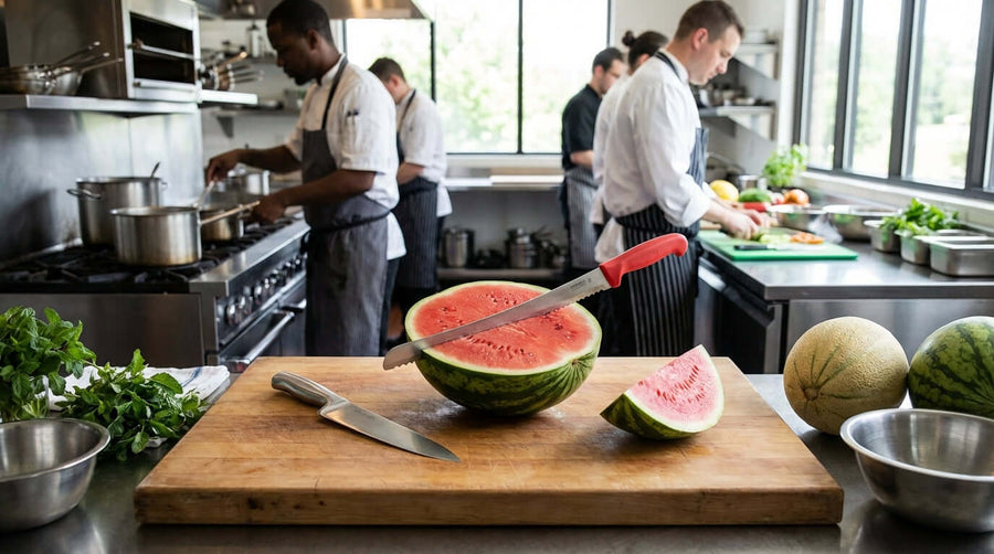 watermelon knife vs chef's knife comparison with chefs slicing watermelon on cutting board in commercial kitchen