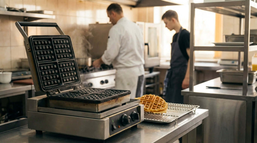 how to choose a commercial waffle maker: chef using commercial waffle iron in restaurant kitchen with freshly cooked waffles