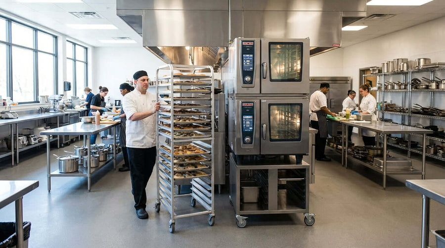 Streamline Your Kitchen Workflow with Mobile Racks and Stacking Kits in a commercial kitchen with chefs using mobile racks by combi ovens