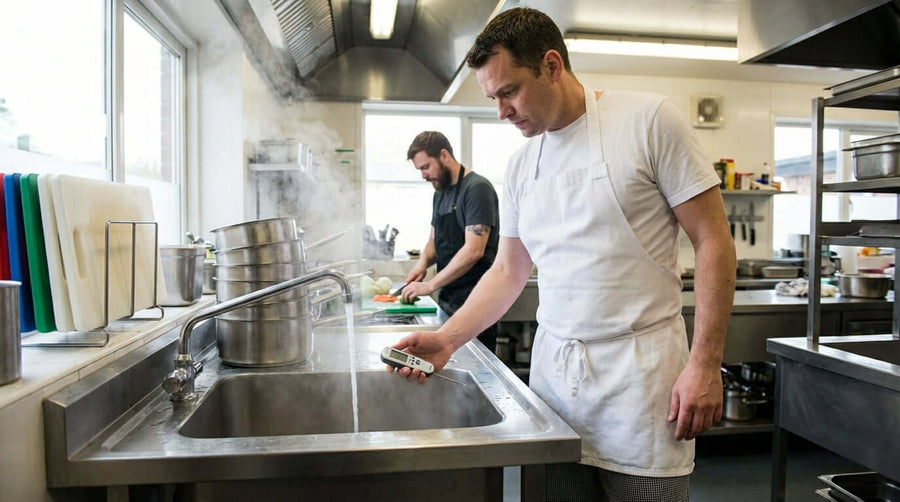 Chef checks sink water with thermometer, illustrating water temperature and food safety in commercial kitchens during dishwashing