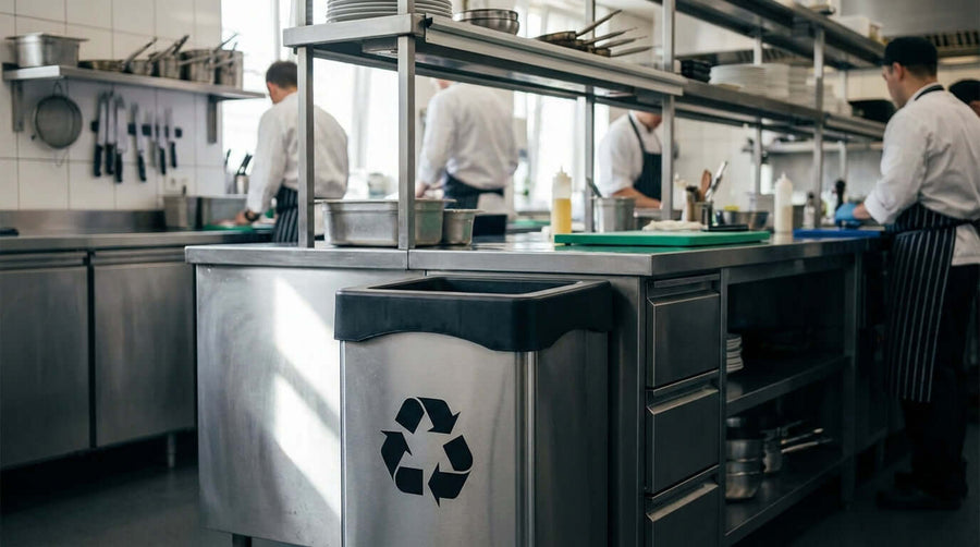 Commercial kitchen recycling bin station highlighting battery disposal compliance for businesses in food service operations