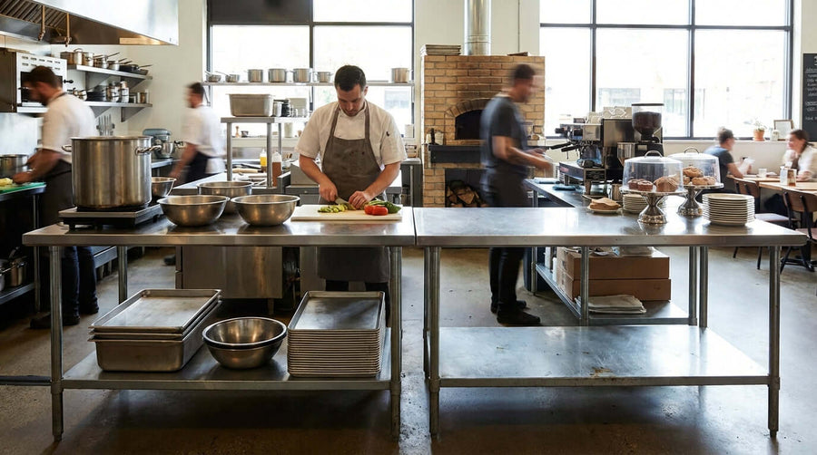 Busy commercial kitchen with chefs using stainless steel work tables, comparing 16 gauge vs 18 gauge stainless steel for kitchen table